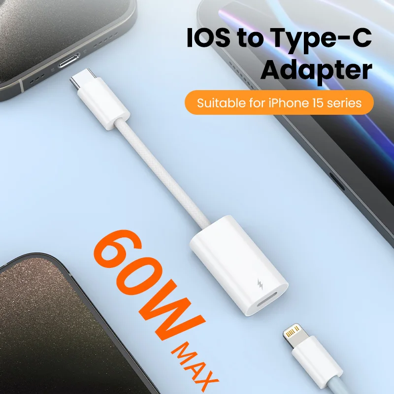 60W Type C Adapter for iPhone 15 Fast File Transfer Lightning Female to Type C Male Connector iPad Tablets