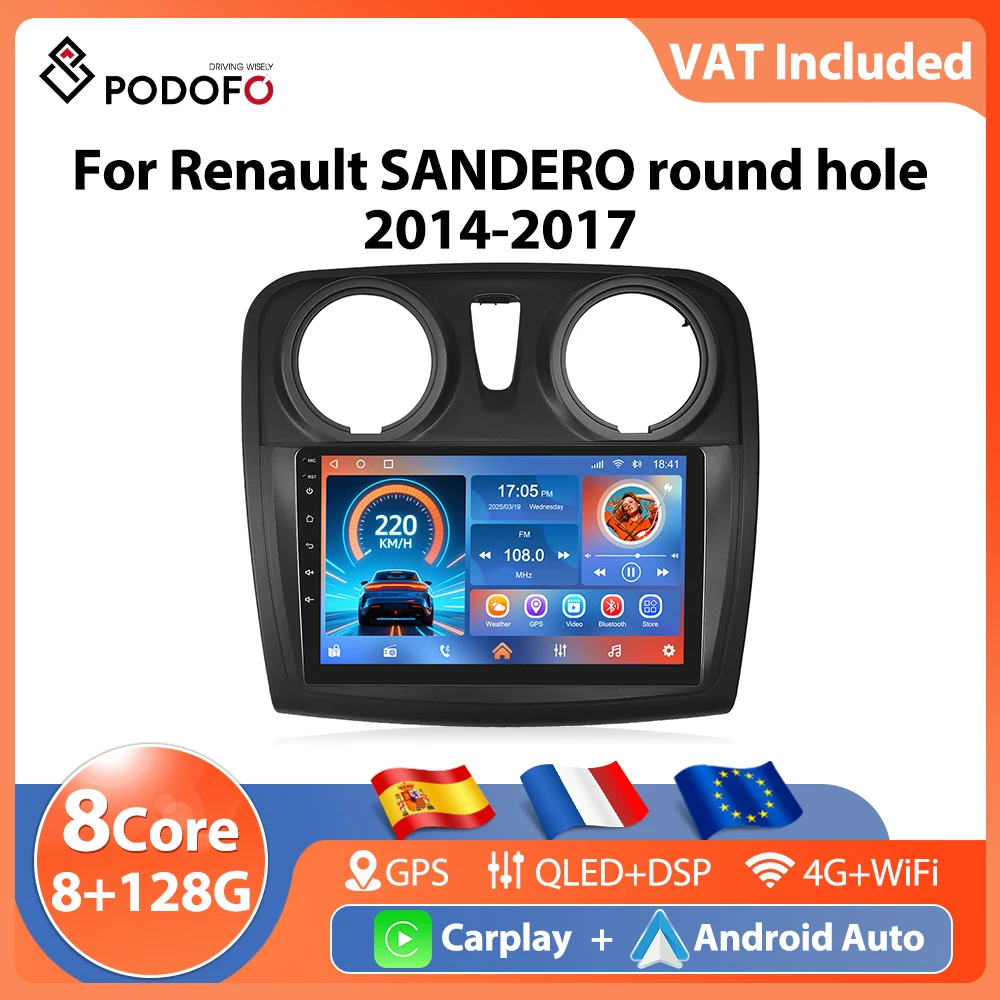 Podofo 9'' Carplay Car Radio For Renault SANDERO Round Hole 2014-2017 AI Voice Android Auto 8Core 8+128G WIFI 4G BT FM Autoradio 1