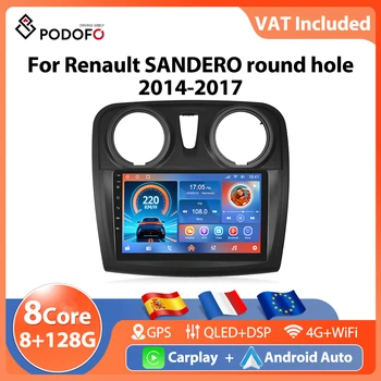 Podofo 9'' Carplay Car Radio For Renault SANDERO Round Hole 2014-2017 AI Voice Android Auto 8Core 8+128G WIFI 4G BT FM Autoradio 1