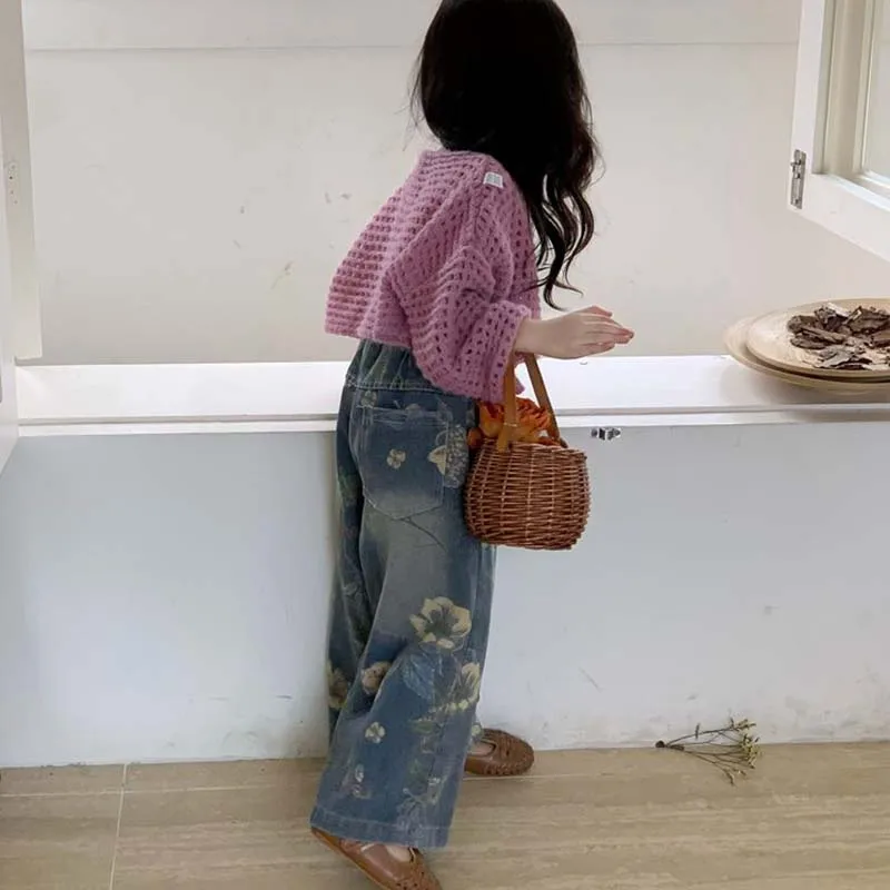 한국 봄 가을 아동 의류 소녀 빈티지 꽃 청바지 캐주얼 아동 와이드 레그 팬츠 패션 루즈 바지