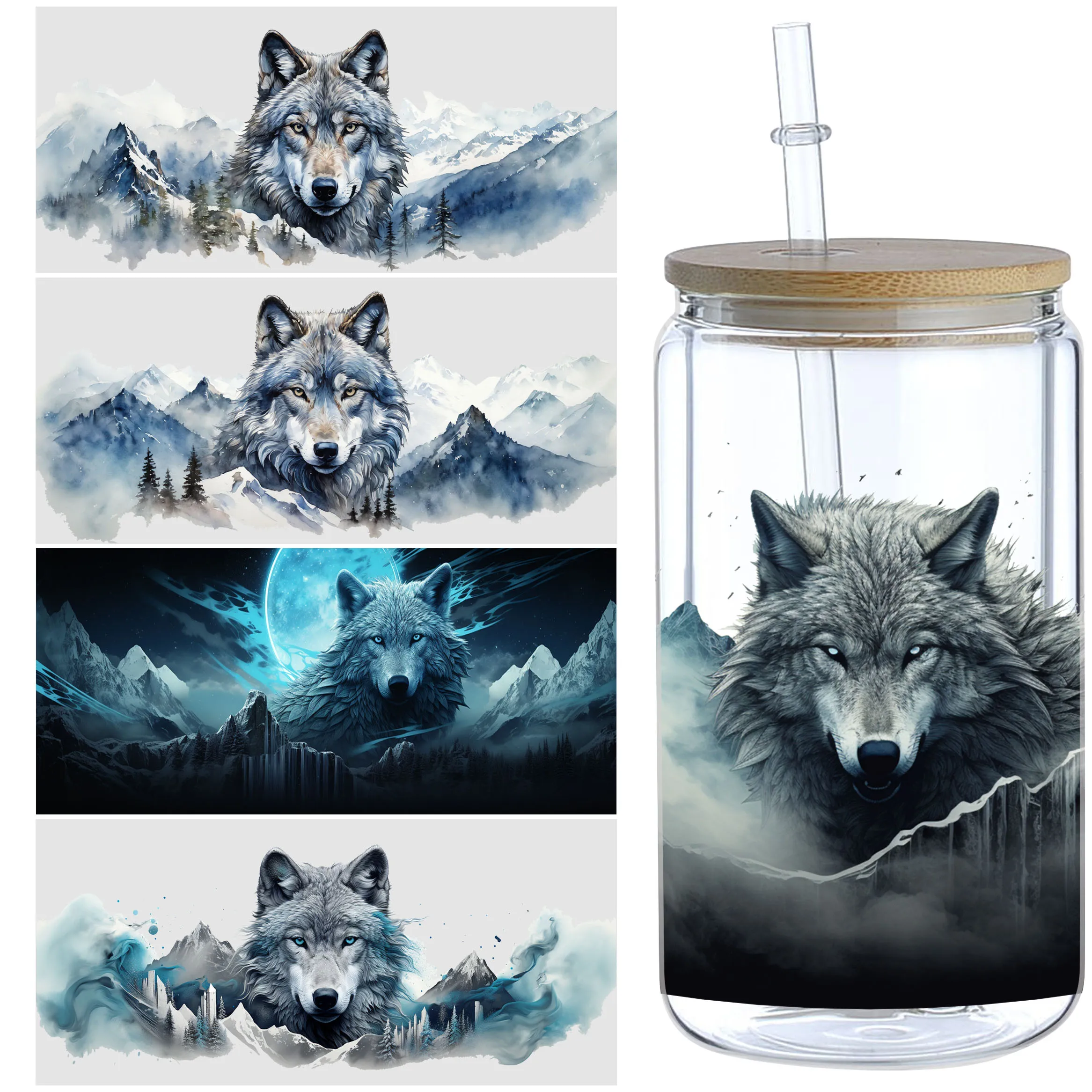 Wolf UV DTF cup packaging 5 sheet for 16oz glass cup waterproof UV DTF stickers for 16oz glass cup DIY furniture crafts cup wraps,uv dtf wrap transfer