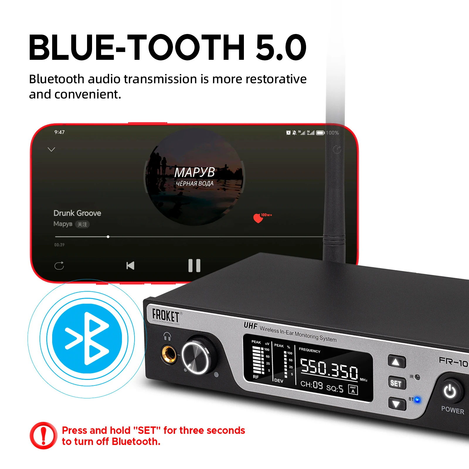 FR-102 UHF 무선 인이어 모니터 시스템 (80m 전송 거리, 스튜디오, 밴드, 드러머, 교회용)