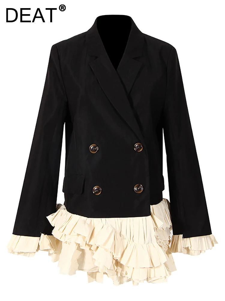 

DEAT Fashion Women's Blazer Notched Full Sleeves Irregular Pleated Spliced Double Breasted Suit Jackets Spring 2024 New 1DE2034