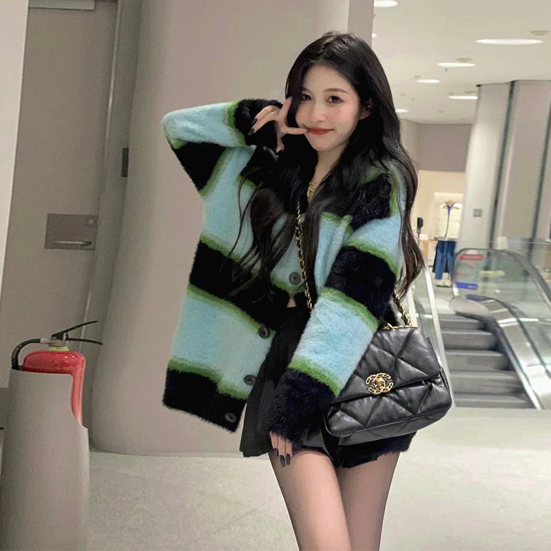 

2023 Winter New Fashion Blue Black Striped V-Neck Female Knitting Cardigans Button Fly Women's Jackets Loose Lady Knit Outwear