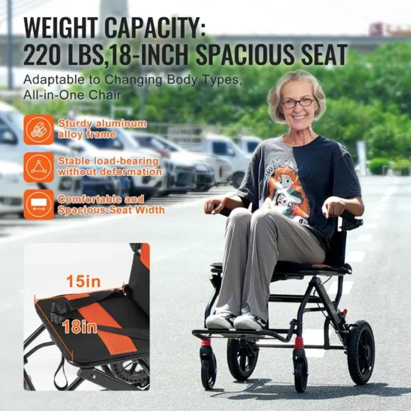 VEVOR Wheelchair Aluminum Alloy Transport Chair Foldable 18-In W Seat 220lbs 5