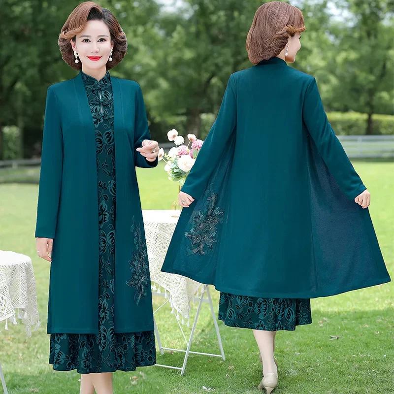 chinese dress ladies Roaman's Women's Plus Size Long Sleeve Pleated Jacket Dress Set  Elegant  2-Piece Sheath Suit