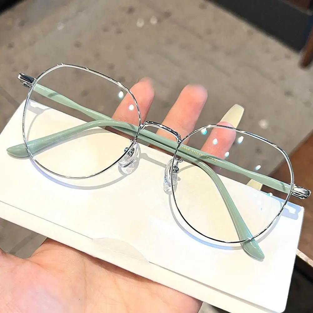 Anti Blue Light Glasses Anti Radiation Glasses Women Glasses Fashion Eyeglasses Clear Glasses Women Polygonal Metal Frame Eye Glasses Blue Light Eyewear Fashion Anti Eyeglasses 0 Mirror Flat Girl X5T3