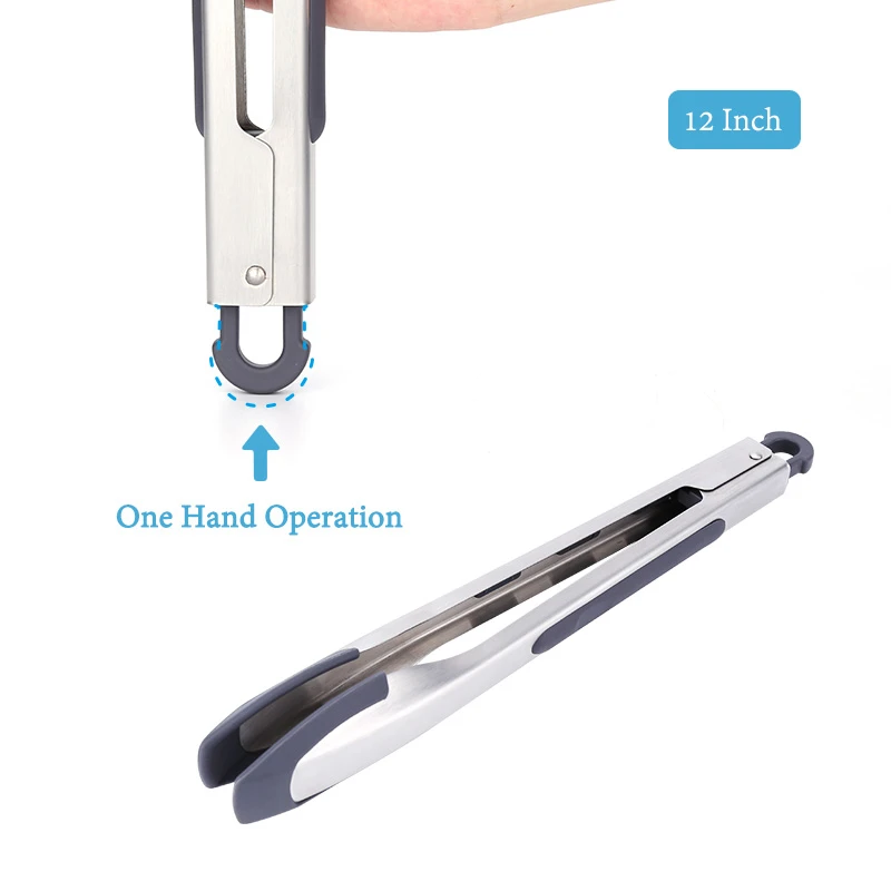 One-Hand Operation Silicone Food Tongs for Cooking Non-Slip Steak Clip Stainless Steel Kitchen Tong Salad Grill Food Bread Tong