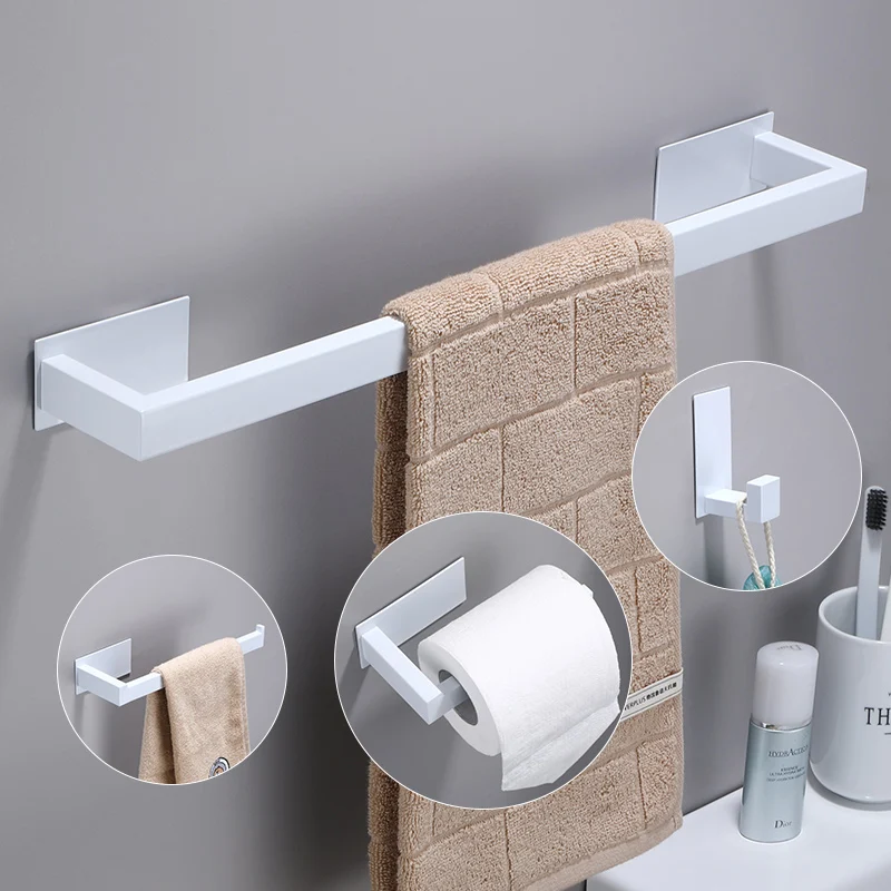 No Drilling Stainless Steel Self-adhesive Towel Bar Paper Holder Robe Hook Towel Ring Bathroom Accessories Set