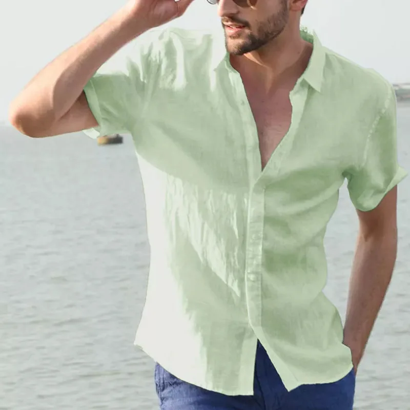 

Men's Casual Short Sleeve Lapel Buckle Solid Color Cotton And Linen Street Men's Vintage Holiday Shirt S-3XL