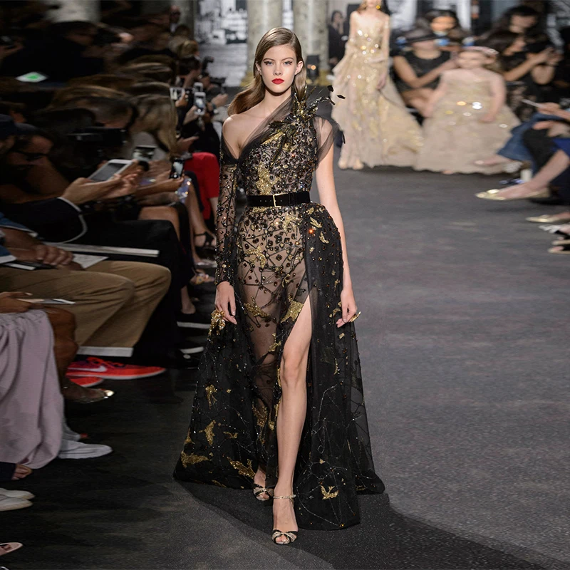 2075 Sexy Zuhair Murad Black One Long Shoulder Gold Beaded Muslimedum Vestidos De Fiesta Muslimex Arrags Cnaw