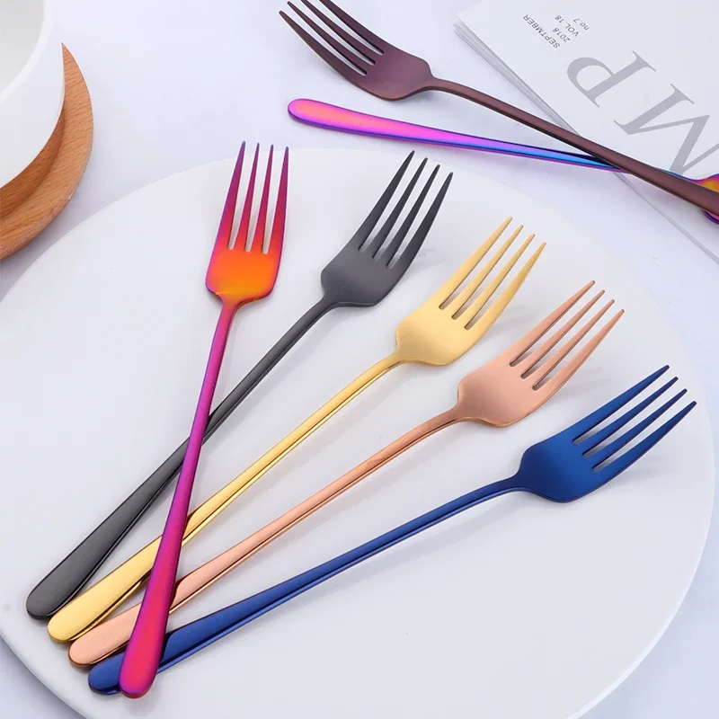 Hot 7PCS/1 Lot Korea Stainless Steel Dinner Fork Mirror Polish Long Handled Dessert Fork For Dessert Salad Colourful Tableware