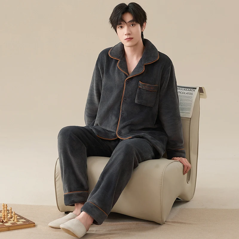 겨울 남성 플란넬 잠옷 남성용 두꺼운 따뜻한 턴다운 칼라 파자마