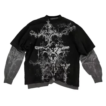 Y2K american skull pattern long sleeved T shirt Fashion Round Neck Oversized T shirt New Mens Womens Casual Gothic Clothing Tops 1