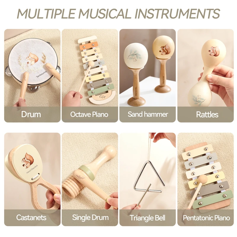 Musical Instruments Wooden Montessori Toys Xylophone, Rattle, Drum，Baby Music Enlightenment Educational Toys Kid Christmas Gift 4