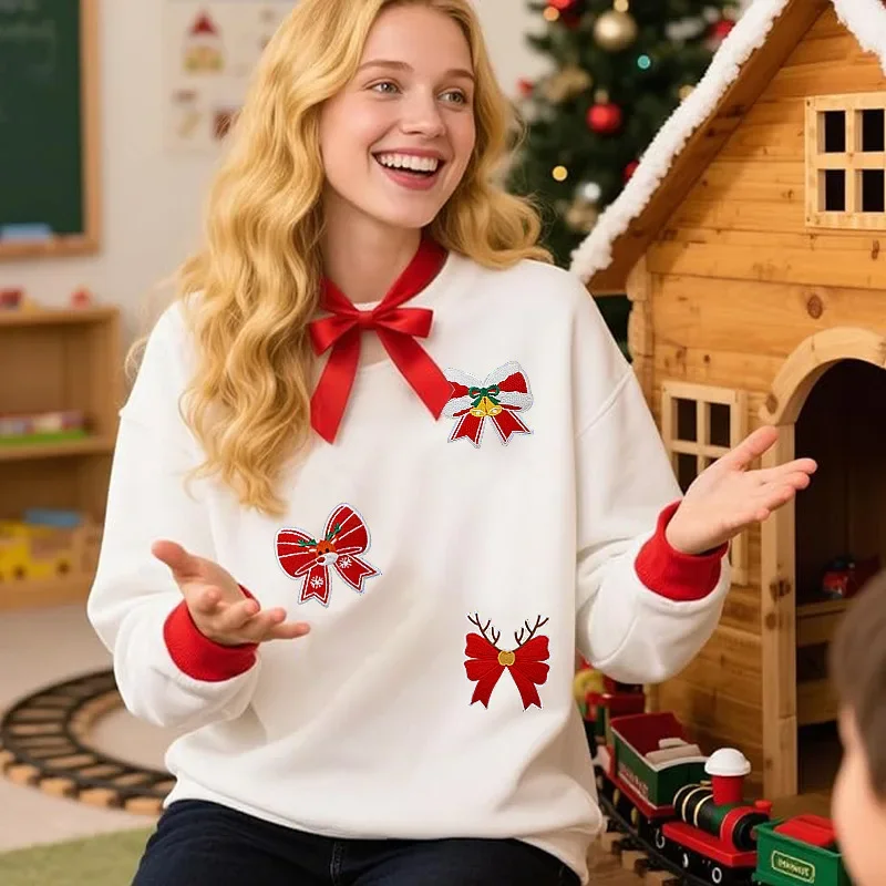 Christmas Bell Bow Biscuits Snowflake 1/10Pcs Bow Embroidery Cloth Stickers Computer Embroidery Clothes Holiday Decoration Patch