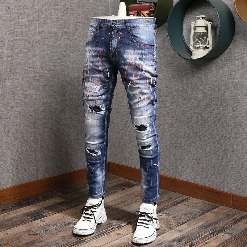 

Mens Splash-ink Blue Ripped Jeans Men Fashion Slim Fit Pencil Pants Streetwear Cowboy Casual Denim Trousers