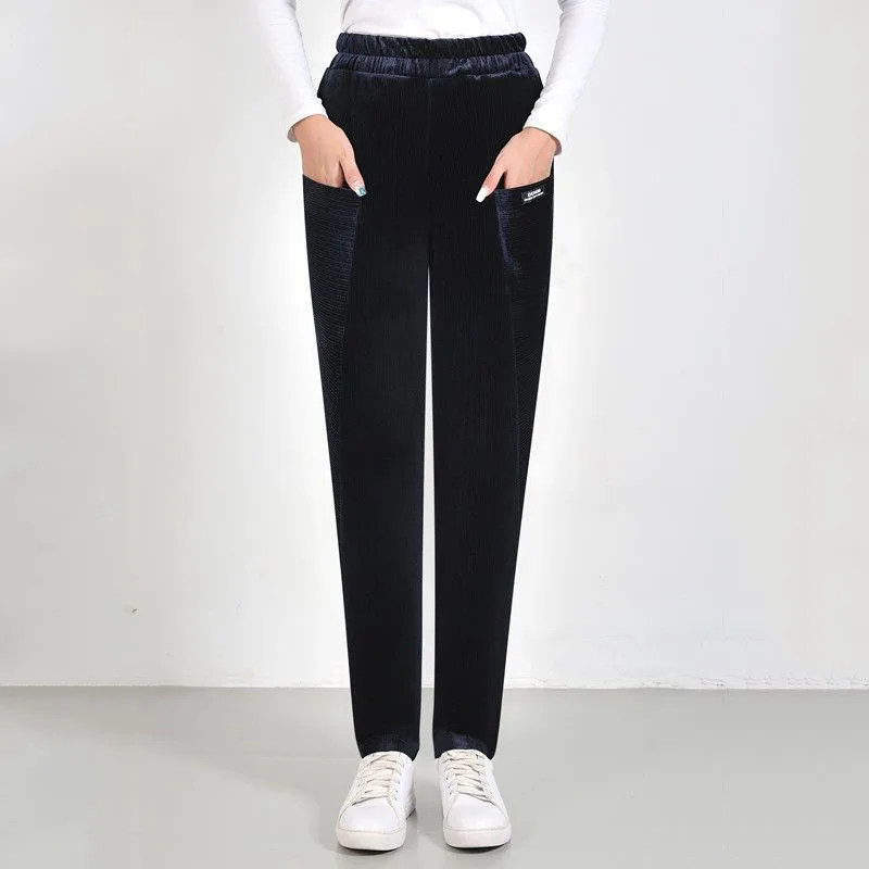 Simplicity Sping Autumn Corduroy Pants New Women Solid Pockets Elastic High Waist Temperament Fashion Casual Haren Trousers