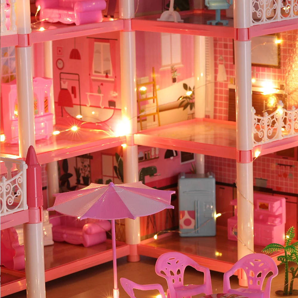 Dollhouse 3D Cartoon Doll Castle Villa Diy Set 1/12 Fantasy Doll House Assemble Scene Accessories With Led Lights Girl Birthday 3