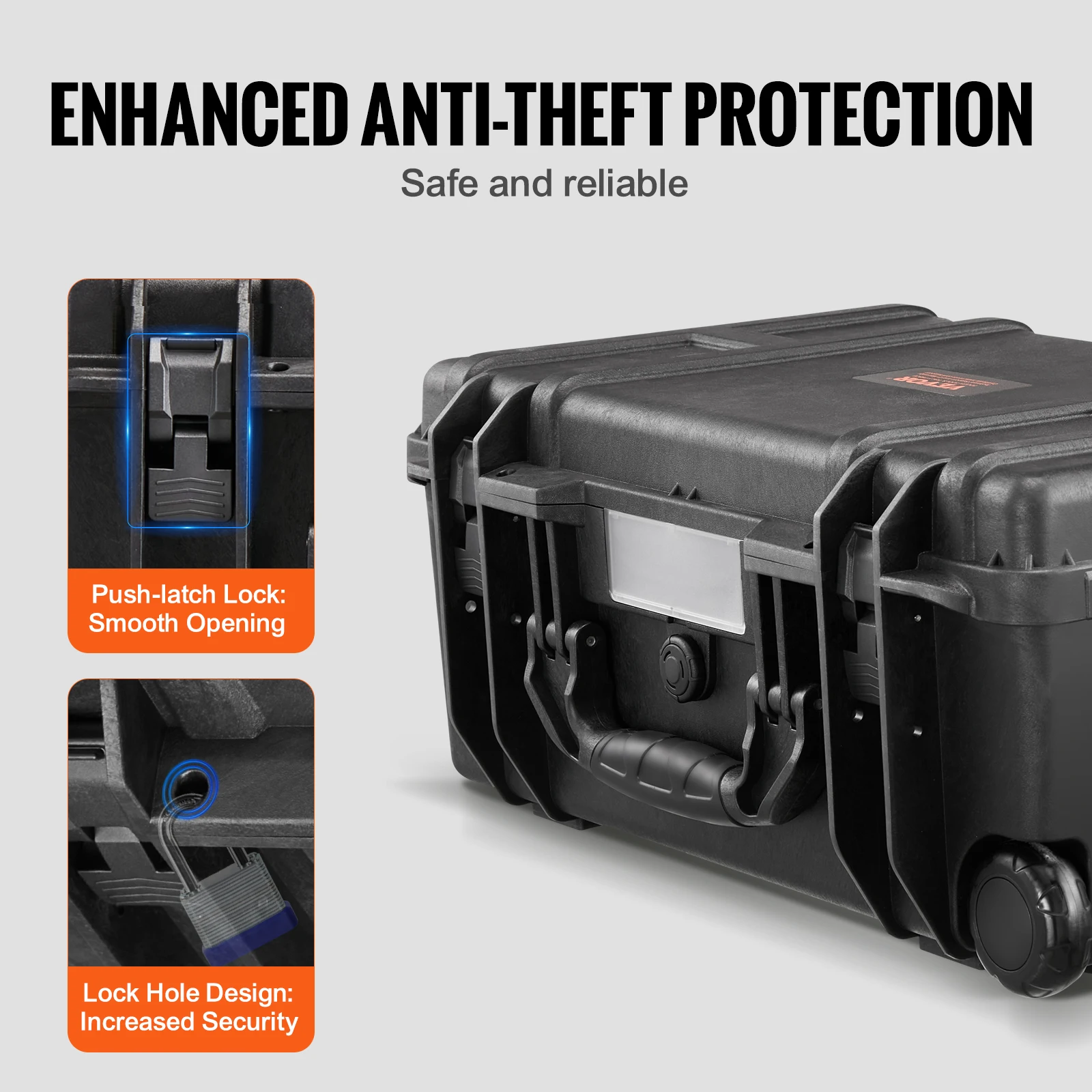 VEVOR Weatherproof Hard Case, Heavy Duty Protective Dry Box Case with Pre-cut Foam, Wheels & Retractable Pull Handles for Travel 5