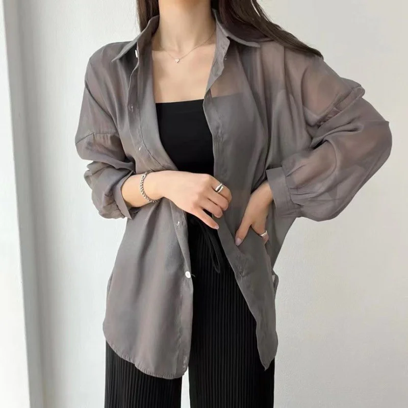 여성용 헐렁한 올매치 기본 한국 스타일 의류, 8 가지 색상 셔츠, 얇은 쉬어 시크, 심플한 단색 자외선 차단 템퍼, 여름 패션