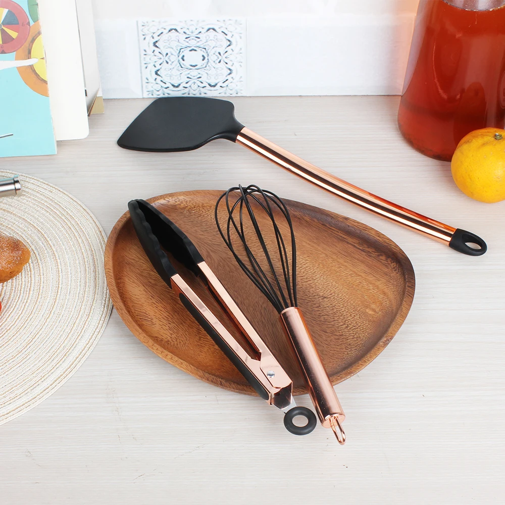 Rose Gold Kitchen Utensils Set Silicone Turner Tongs & Whisk Heat Resistant Gold-plated Stainless Steel Handle Cooking BBQ