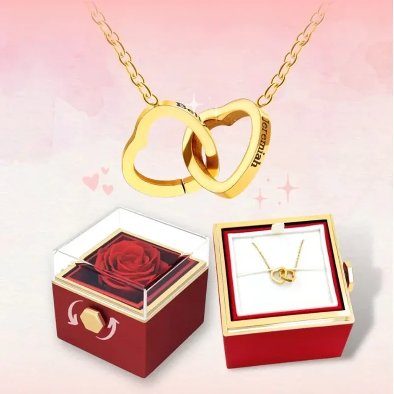 

PolishedPlus Custom Names Heart Necklace Personalized Jewelry Rotating Rose Box Pendant Chain For Women Mom Mother's Day Gift