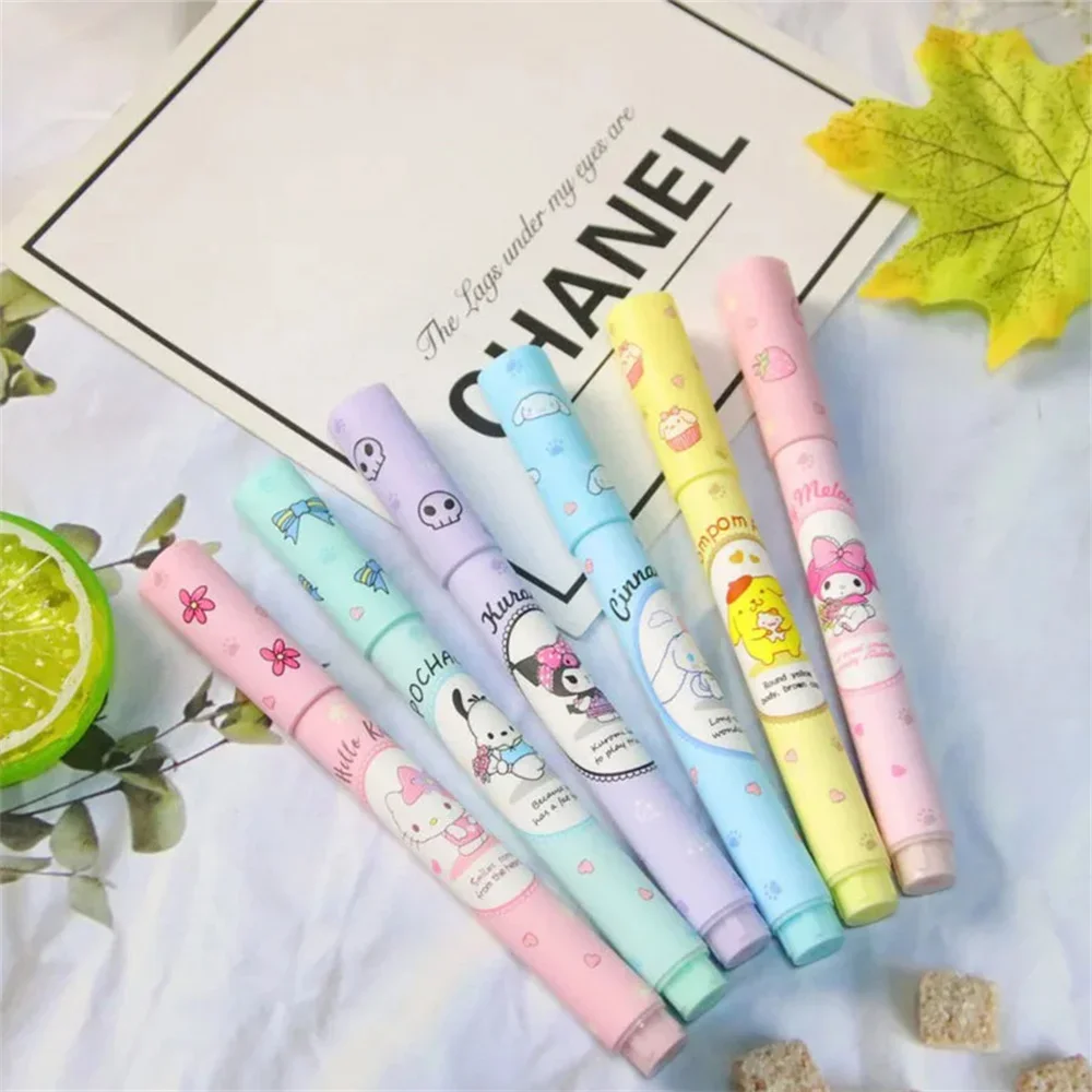 Highlighter Pen 6Pcs Sanrio Hello Kitty Cinnamoroll Set Kawaii Kuromi Melody Art Fluorescent Markers Pens Girls Gifts