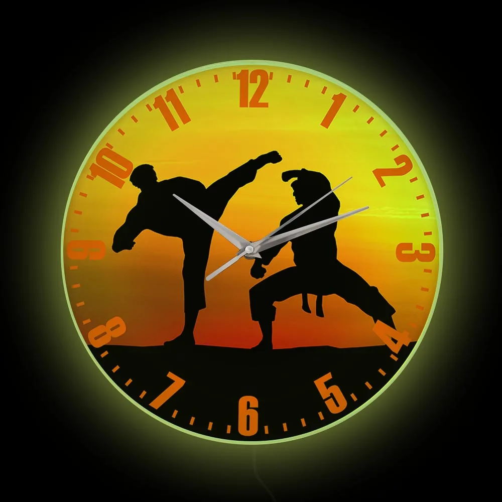 

Japanese Martial Arts Karate Nightlight Wall Clock With LED Backlight Karate Fighter Home Decor Combat Sport Luminous Wall Watch