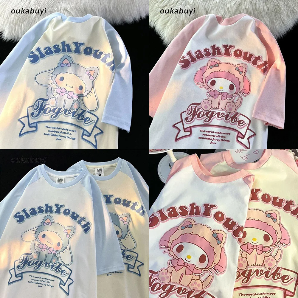

Kawaii Sanrio Cinnamoroll My Melody футболка с коротким рукавом Универсальный мультяшный летний Свободный Топ милая девушка