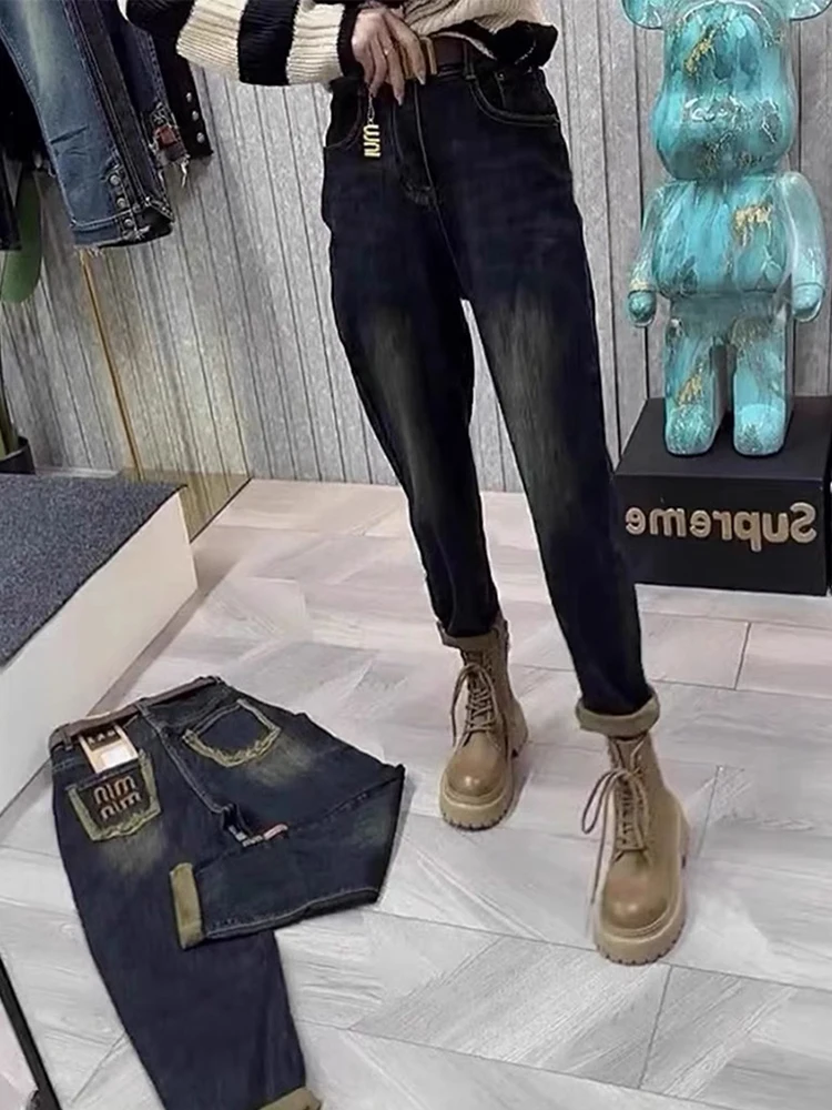 Jeans 2024New Women\'s Jeans Large Size High Waist Lean Elastic Thick Design Retro Fashion Women\'s Pants Harun Pants