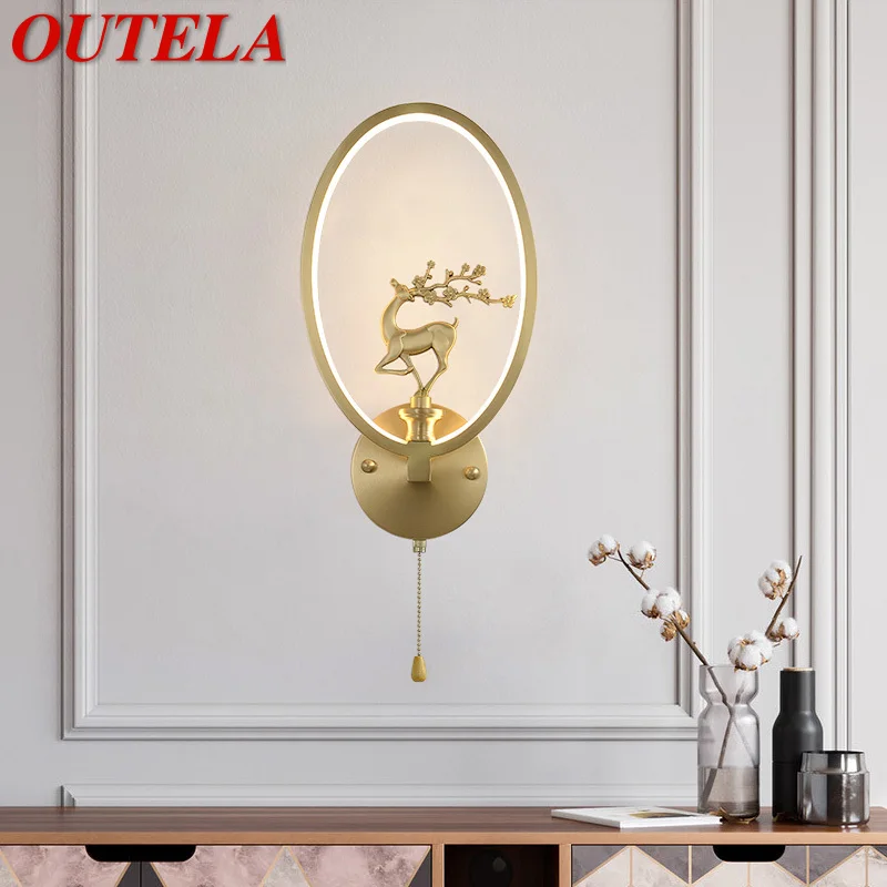 

OUTELA Chinese Style Wall Lamp LED Gold Vintage Brass Creative Deer Sconce Light For Home Living Room Bedroom Study Decor