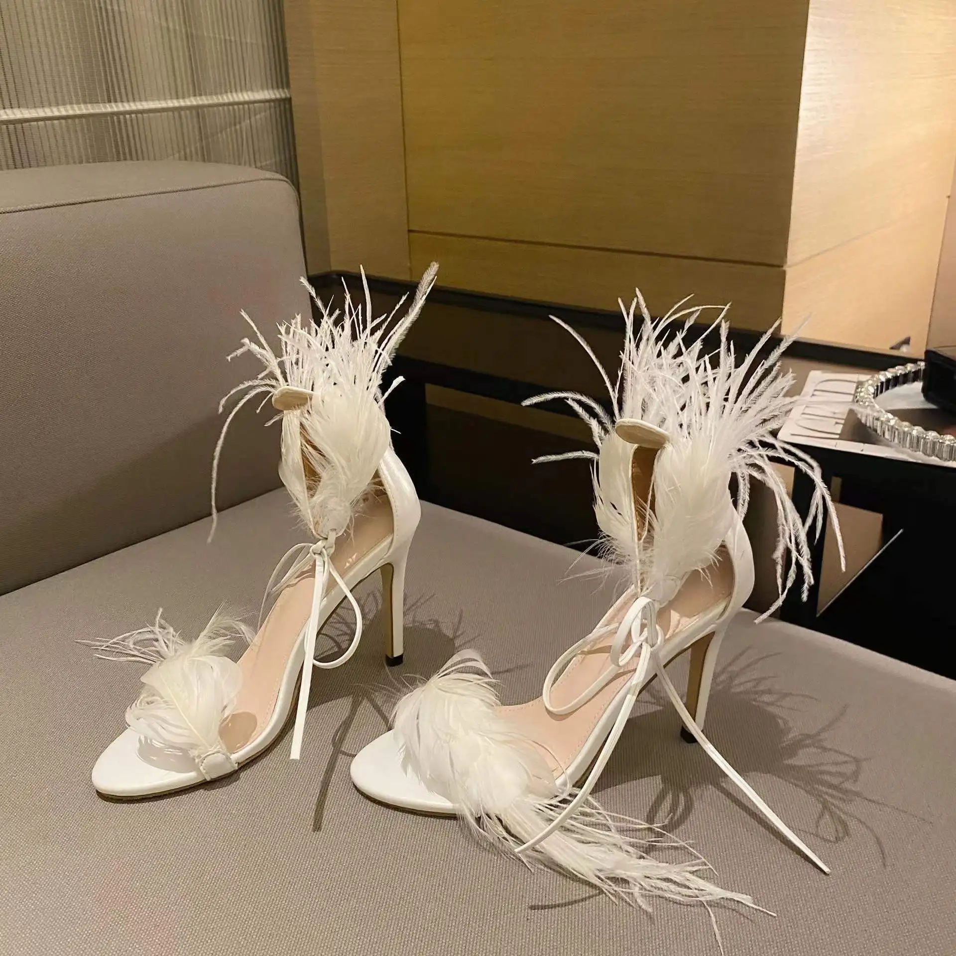 Feather Sandal Heels Women | Shoes Feathers Heels | Blue Heels Feathers -  Sandals Open - Aliexpress