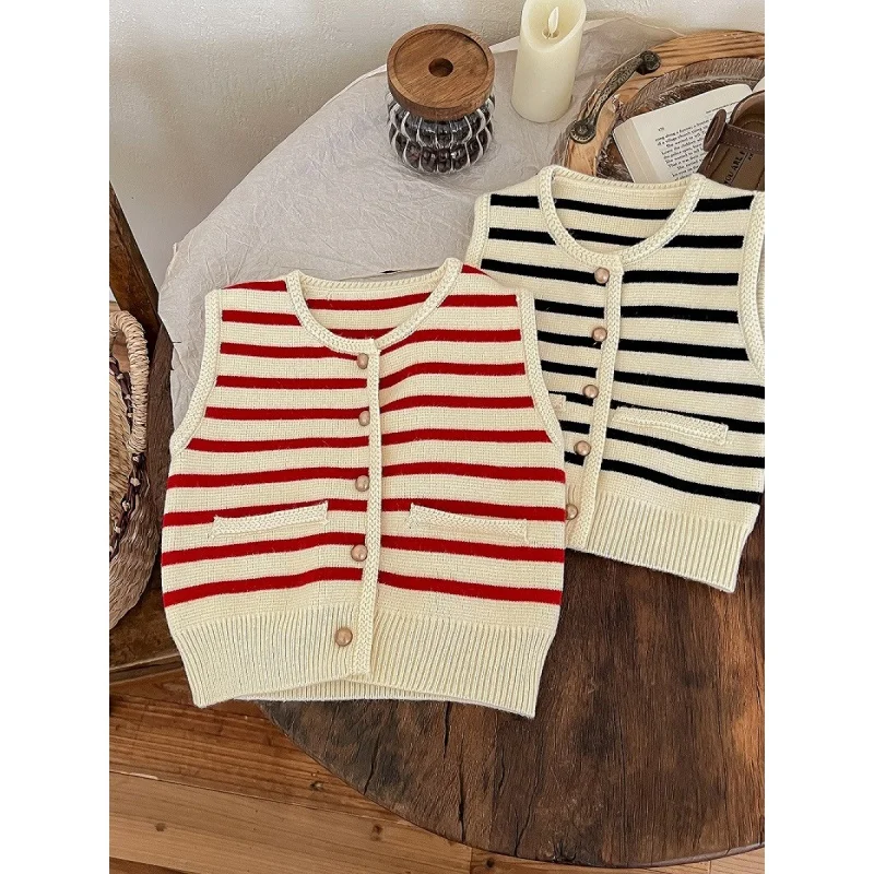 

Children's Vest Girl's Knitted Vest Baby Autumn and Winter Western Style Striped Sweater Cardigan Outerwear Children's Clothing