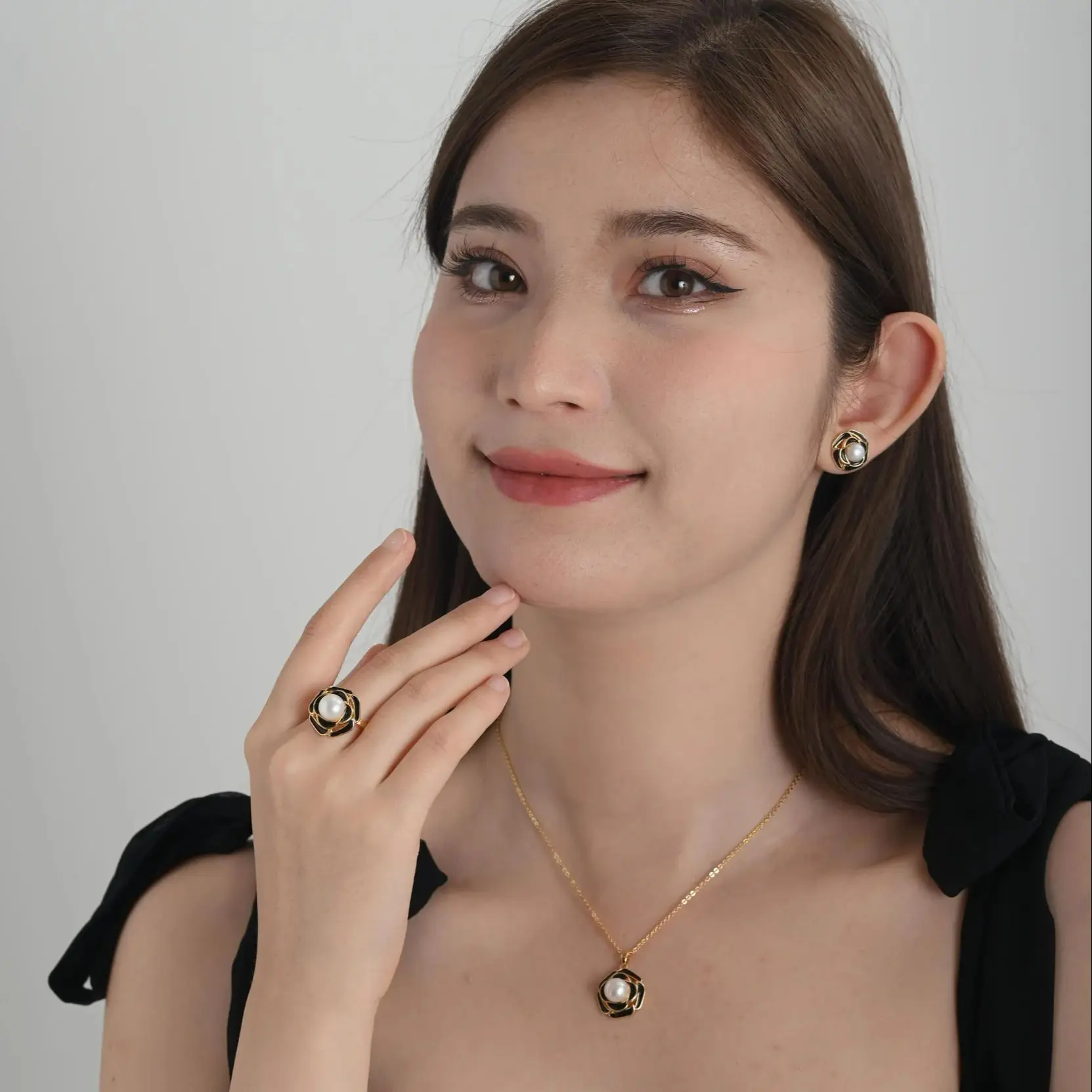 Authentic freshwater pearl necklace pendant earring ring set, natural round 8-9mm camellia flower, young lady daily wear