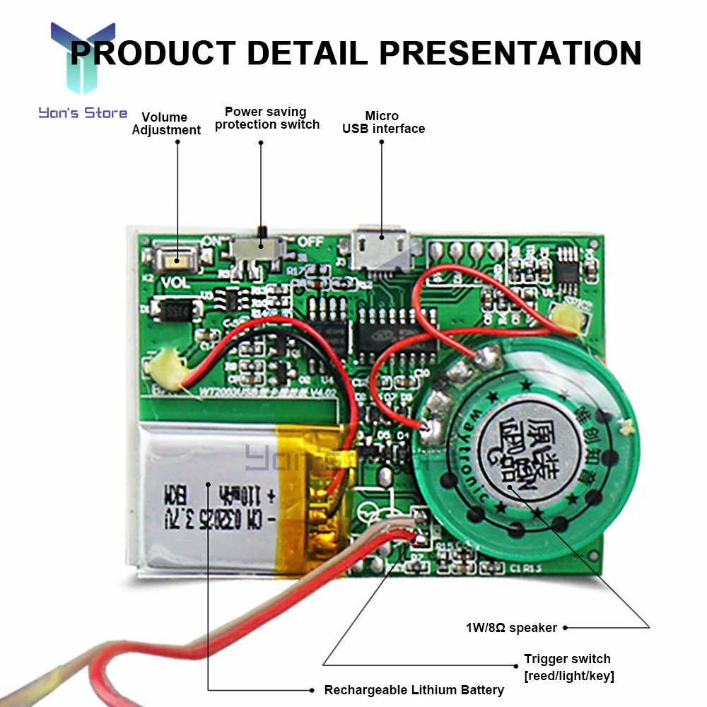 Recordable Sound Module Push Button/Light Control 8M Memory MP3 WAV Music Player volume control for DIY Audio Music Greeting Car