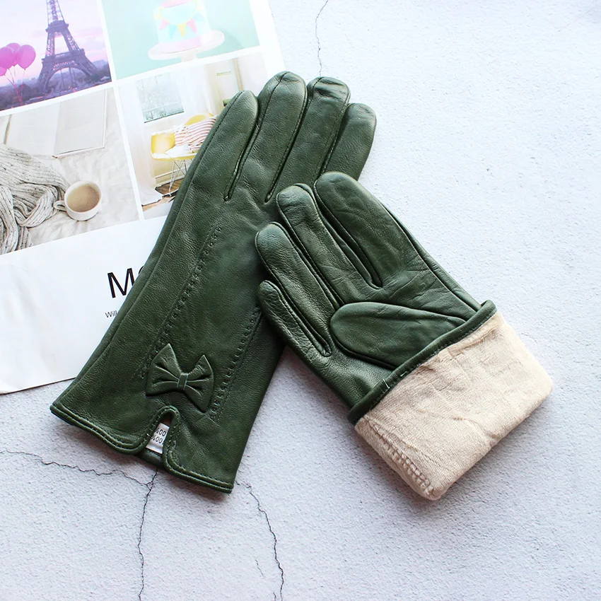 Winter Warm Colored Leather Wloves Women's Fashion Bow Style Sheepskin Autumn Outdoor Cycling Gloves Large Size cosplay gloves