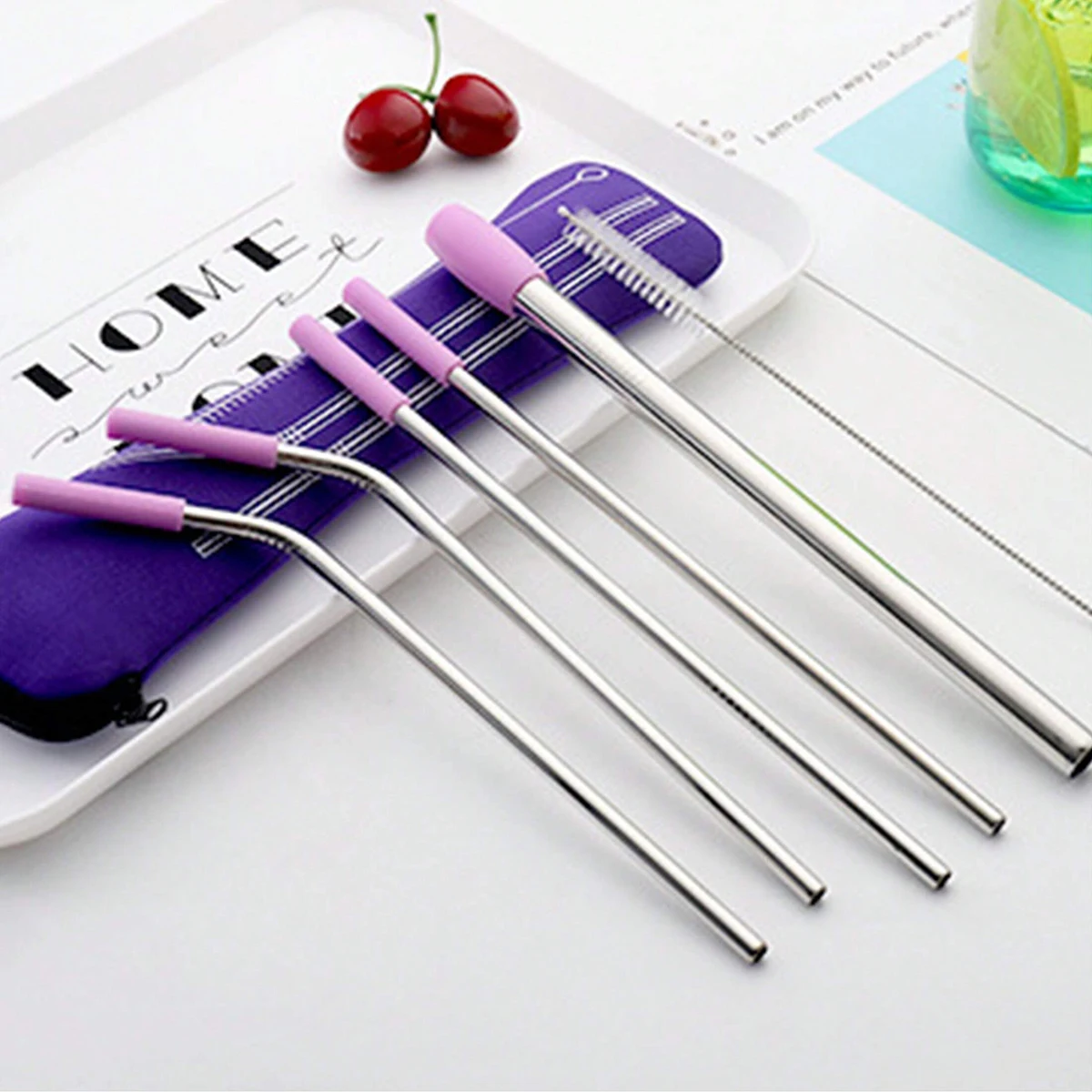 7pcs, Straw, Stainless Steel Reusable Straws With Silicone Straw Tip,Tea Straws, Travel, Beach, Party Supplies