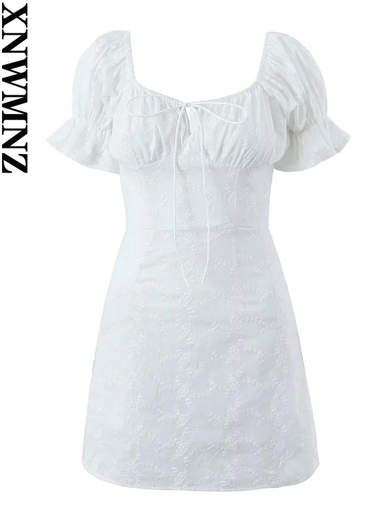 

XNWMNZ 2023 Women Fashion Cotton French Bowknot Embroidery Dress Woman Holiday Square Neck Ruffle Sleeve Slim Female Mini Dress