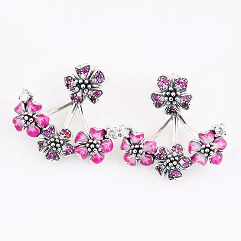 

Authentic 925 Sterling Silver Pink Enamel Peach Blossom With Crystal Hanging Earrings For Women Wedding Gift Fashion Jewelry