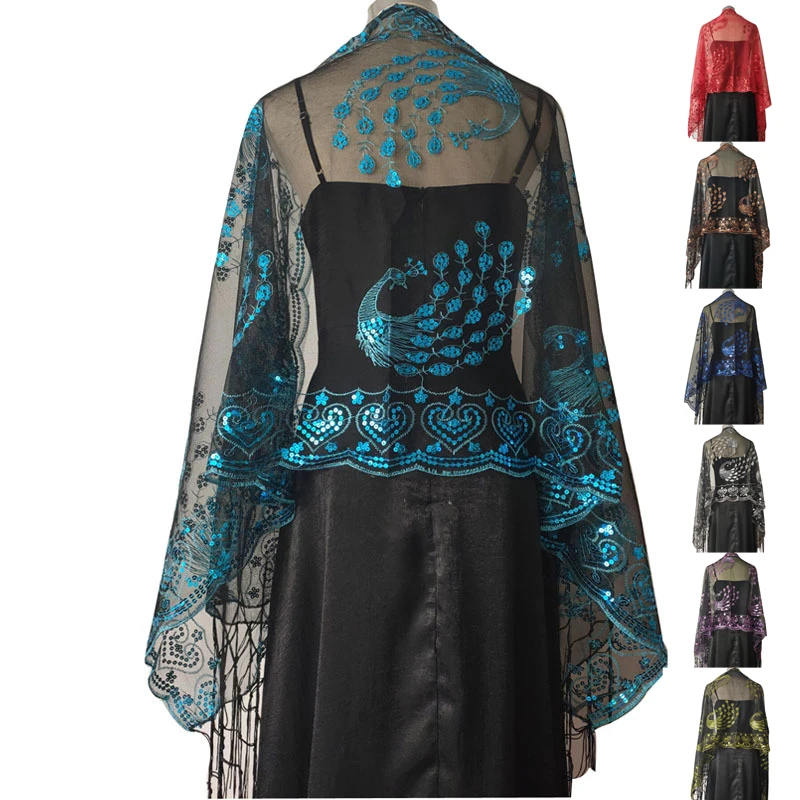 Peacock Embroidered Sequined Fringed Shawl Lace Scarf Party Banquet Evening Dress Sequin Shawl