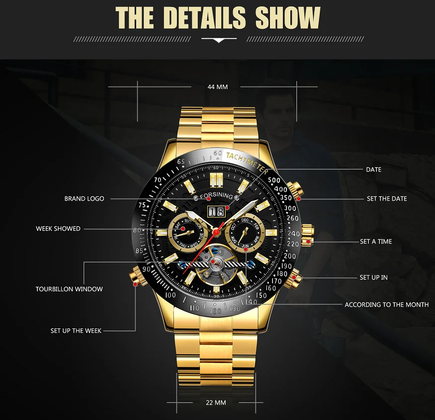 FORSINING Luxury Automatic Movement Large Watches For Men Tourbillon Mechanical Chronograph Clock Waterproof Military Wristwatch