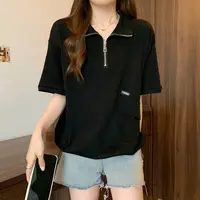Polo Zipper T Shirts Women Summer Casual Loose Short Sleeve Pullover 2025 new Korean Lady Fashion Shirring Black Tops - Image 5