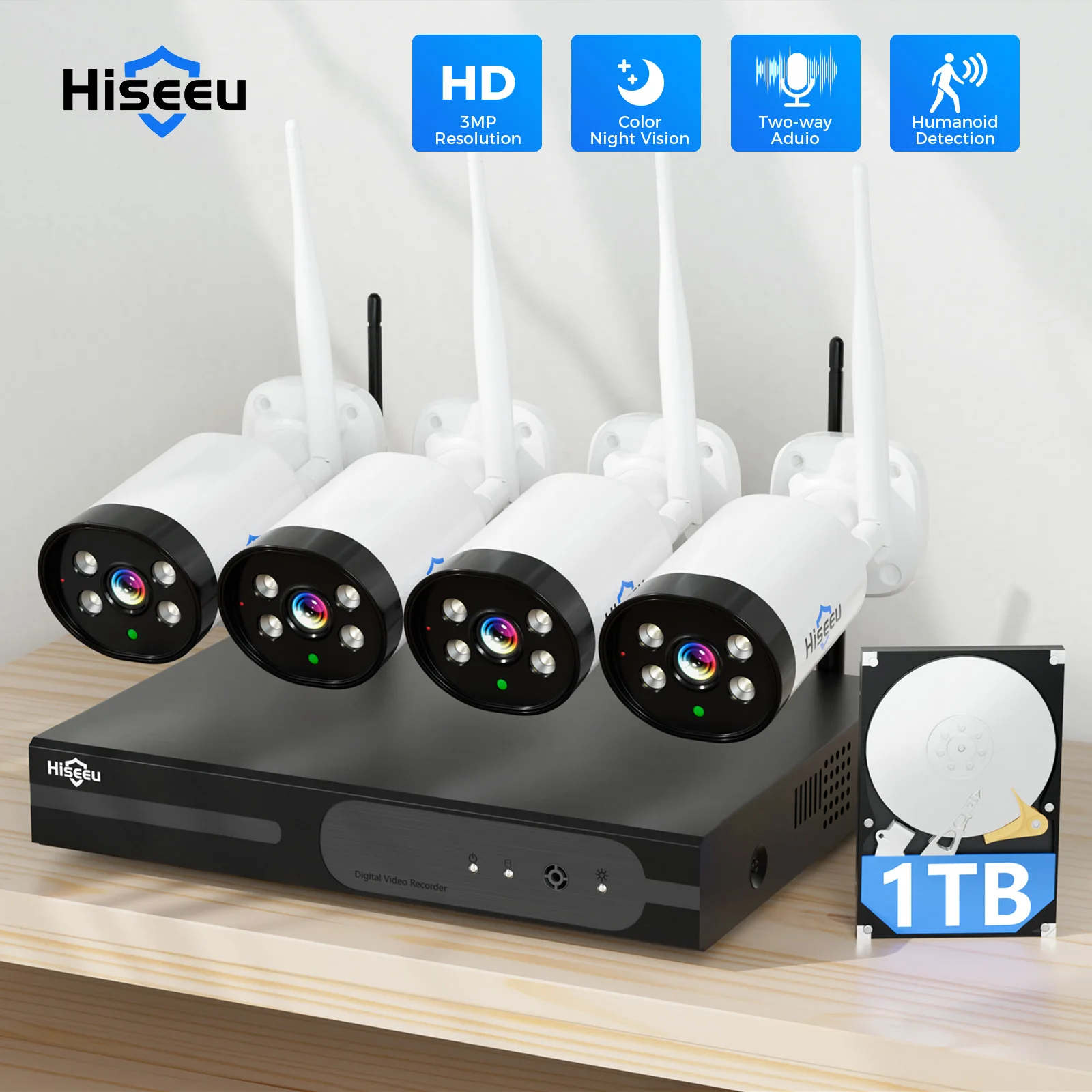 Hiseeu 10CH NVR 3MP WiFi CCTV System Kit Human Detection IR Night Vision P2P Outdoor Wireless IP Cameras Video Surveillance Kit