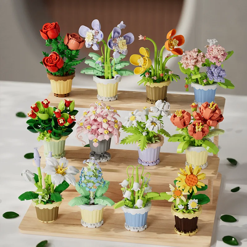 Micro diamond particles flower building blocks bonsai garden romantic office decoration potted plant model set children's toys 6