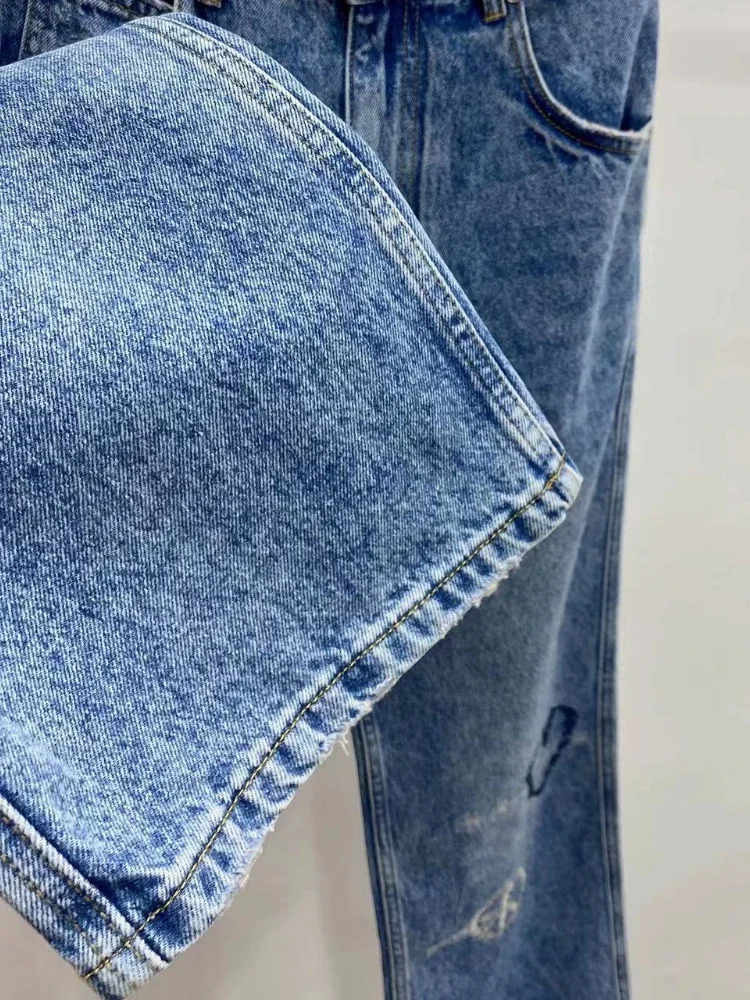 Streetwear Embroidery Loose Denim Pants for Women Fashion High Waist Wide Leg Pants Autumn 2022 Vintage Washed Blue Ripped Jeans 3