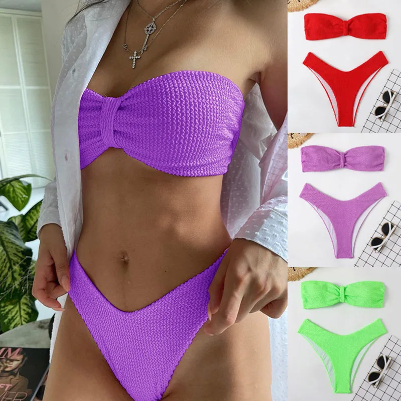 Swimsuits Women Candy Colors Sexy Swimwear Bather High Waist Push Up Bandeau Bikini Set Bathing Suits Beachwear Biquini Mujer strapless bikini set