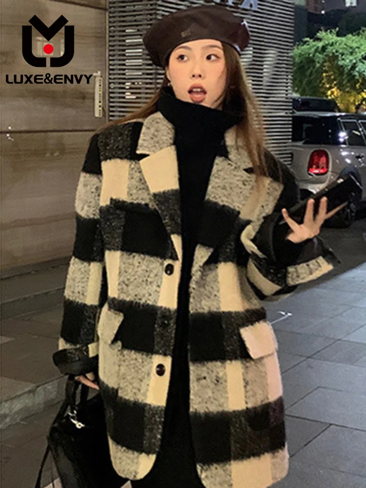 

LUXE&ENVY Autumn Winter New Korean Loose Contrast Plaid Suit Fashion Woolen Coat Large 2023 Women Fashion