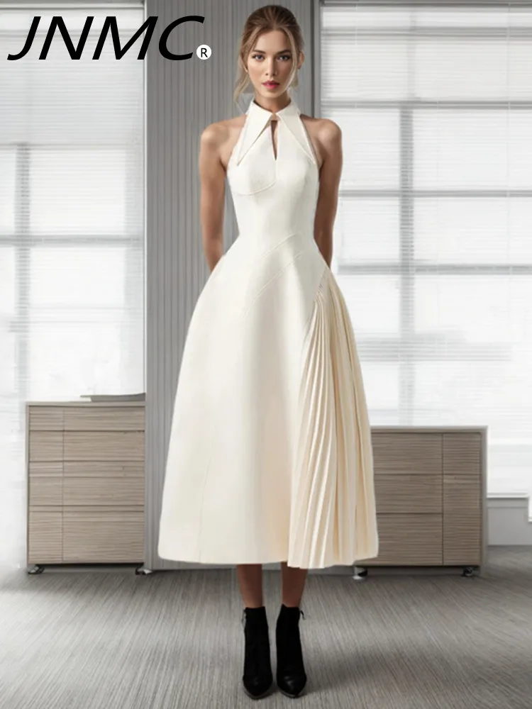 

JNMC Women Fashion Dress Lapel Hollow Out Sleeveless Patchwork Pleated Waist Asymmetric Elegant Dresses Summer