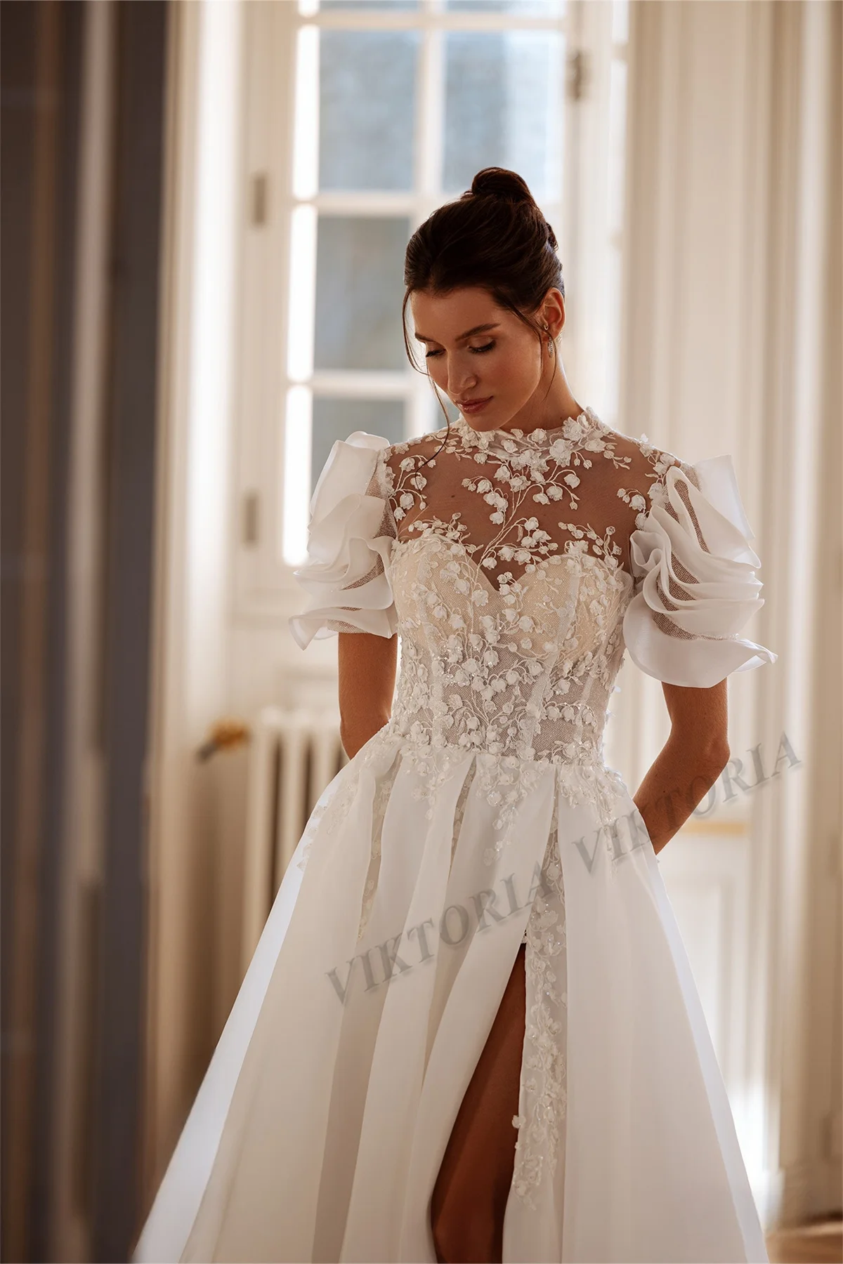 mens dress pants high waisted V-neck Side Slit Tulle Straps Appliques A-line Wedding Dress – Sassymyprom main image 0